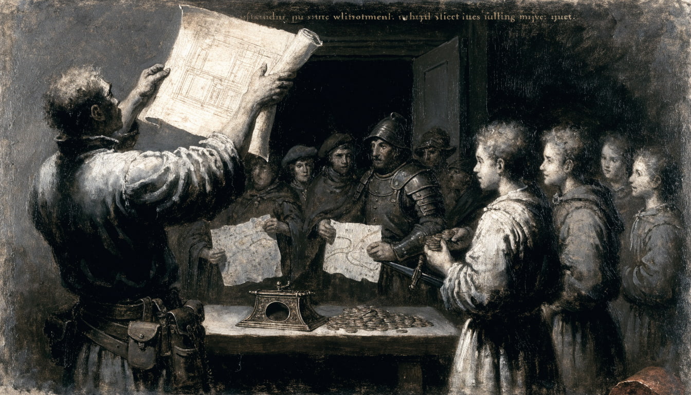 A medieval artisan holds up a blueprint scroll before apprentices while merchants and soldiers crowd the doorway, coins ignored on the workbench.