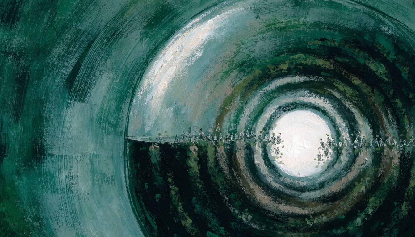An allegorical cross-section of a glass water vessel where a white-hot bubble glows amid pressure rings as elemental spirits transform into green seeds.