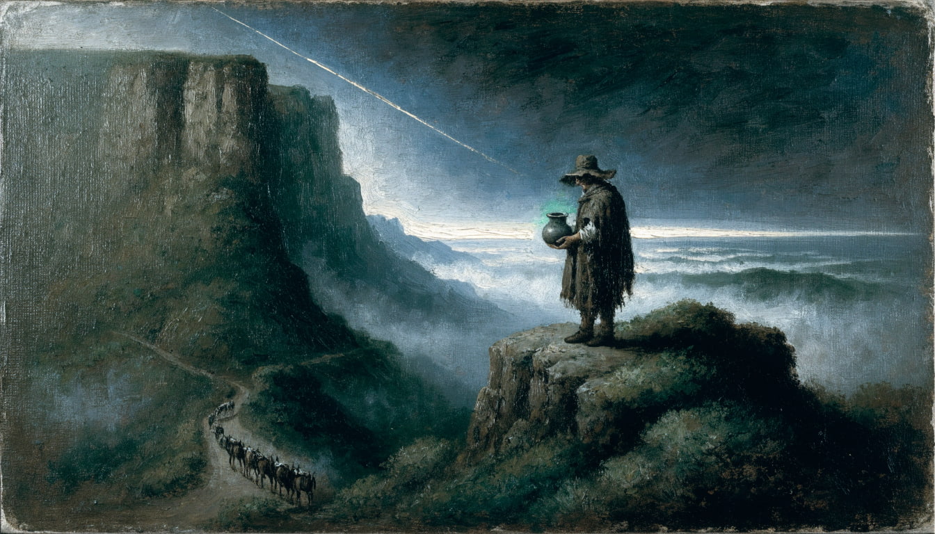 At dawn a lone farmer on a high mountain terrace holds a faintly glowing clay vessel, ignoring the broken fog-bound road and turned-back convoy below.