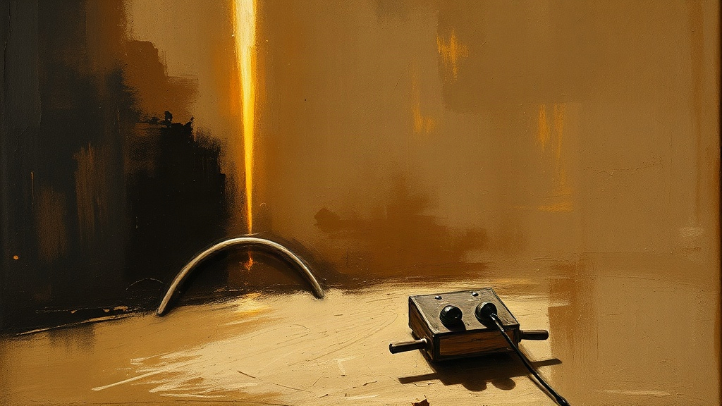 Armored stonemasons and an engineer with a parchment blueprint build a single-span stone arch across a dark chasm, connecting a rocky grey shore to a green sunlit landscape beyond.