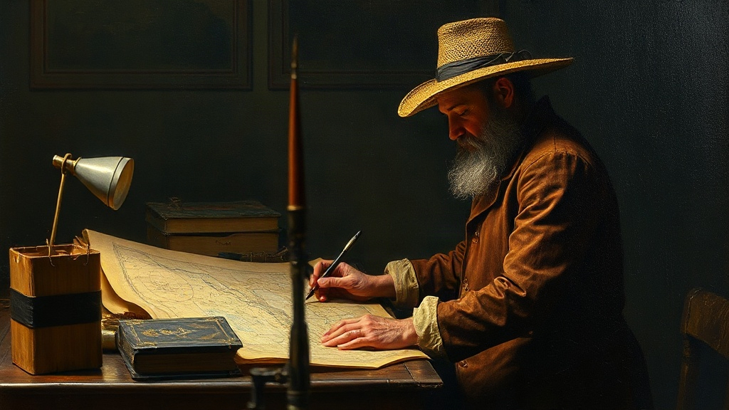 A cartographer in a high-crowned hat leans over a parchment ocean chart, drawing a bold red line across old faded coastlines, with a window showing gray sea and a lighthouse.