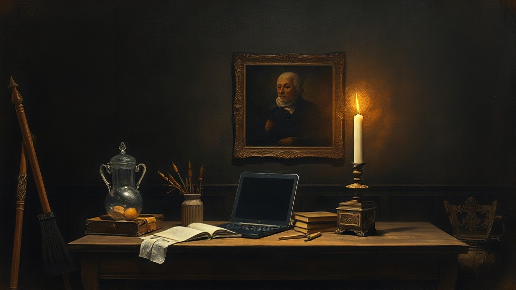 A royal scribe in robes holds a parchment scroll opposite a blacksmith hammering a glowing iron seal stamped 'LEX FUSIONIS' on an anvil in a candlelit stone workshop.