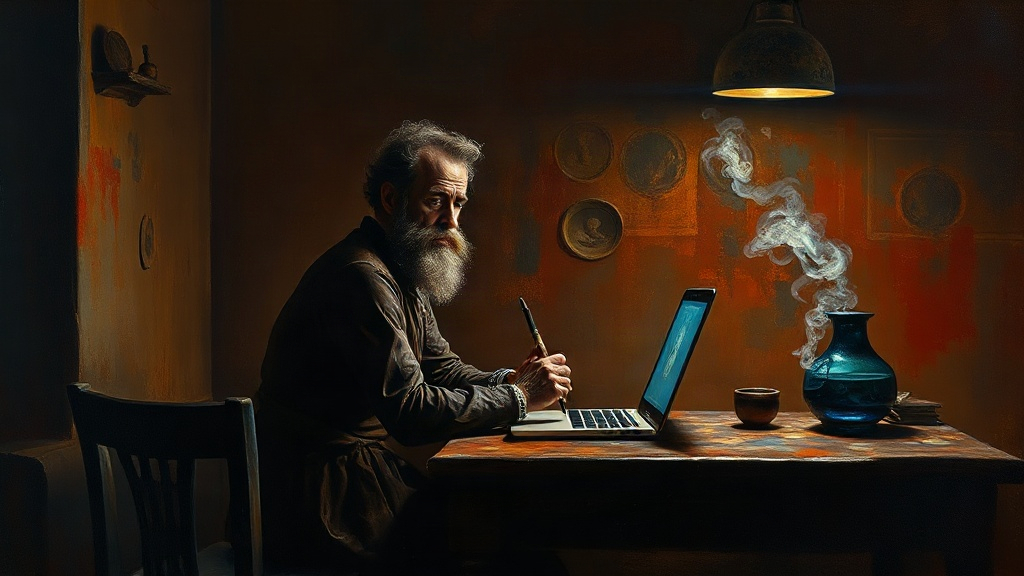 A medieval alchemist in a stone scriptorium studies a glowing vial of liquid through a magnifying lens, surrounded by scrolls and a nearly empty hourglass, representing proteomic aging clock analysis.