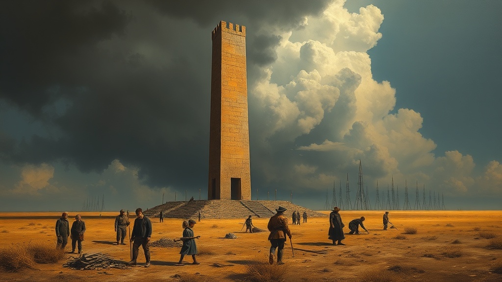 An ancient stone tower stands in a barren field, its top in clouds, while builders lay foundations for a network of smaller signal towers stretching toward the horizon using chisels and abacuses.