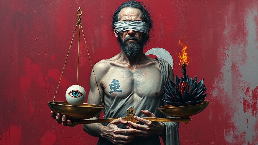 A blindfolded figure of Fate holds an unbalanced scale: on the heavier pan marked with Western sigils sits a fading pale blue eye; on the lighter pan marked with a lotus, obsidian arrowheads gleam with inner fire, tipping the scale.
