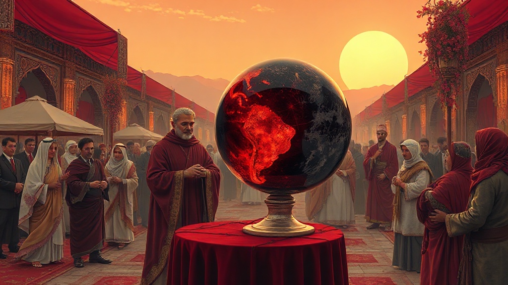 A grand bazaar at dawn: a state merchant displays a single crystal orb on velvet, while artisans unveil a spinning gyroscope of obsidian and quartz, reflecting sun and cloud shadows as foreign dignitaries watch.