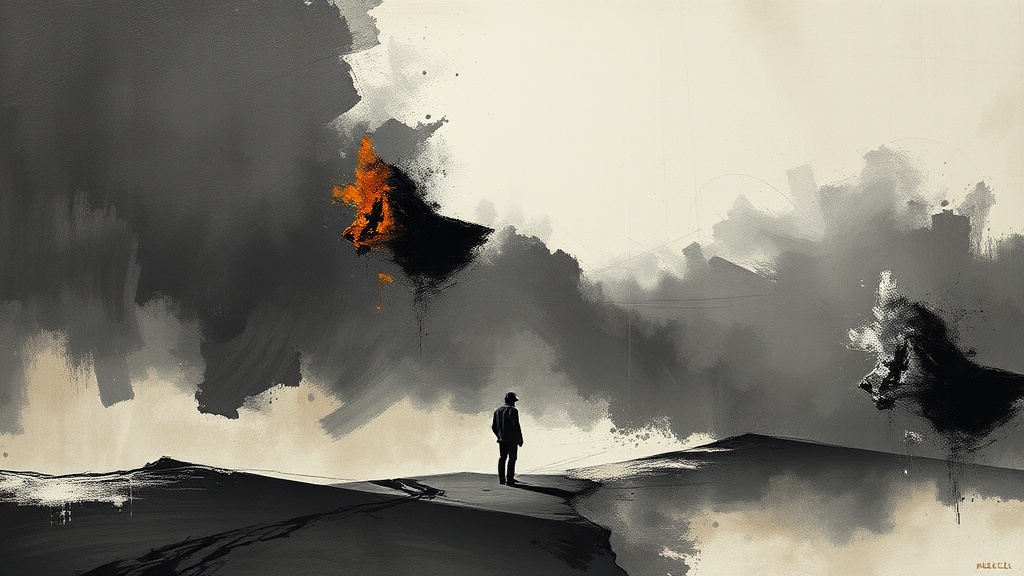 A lone merchant at a barren crossroads holds a violently tipping scale with a gold coin on one side and a cracked stone globe on the other, three roads blocked by fire, ice, and a collapsed bridge, a fortified city on a distant hill.
