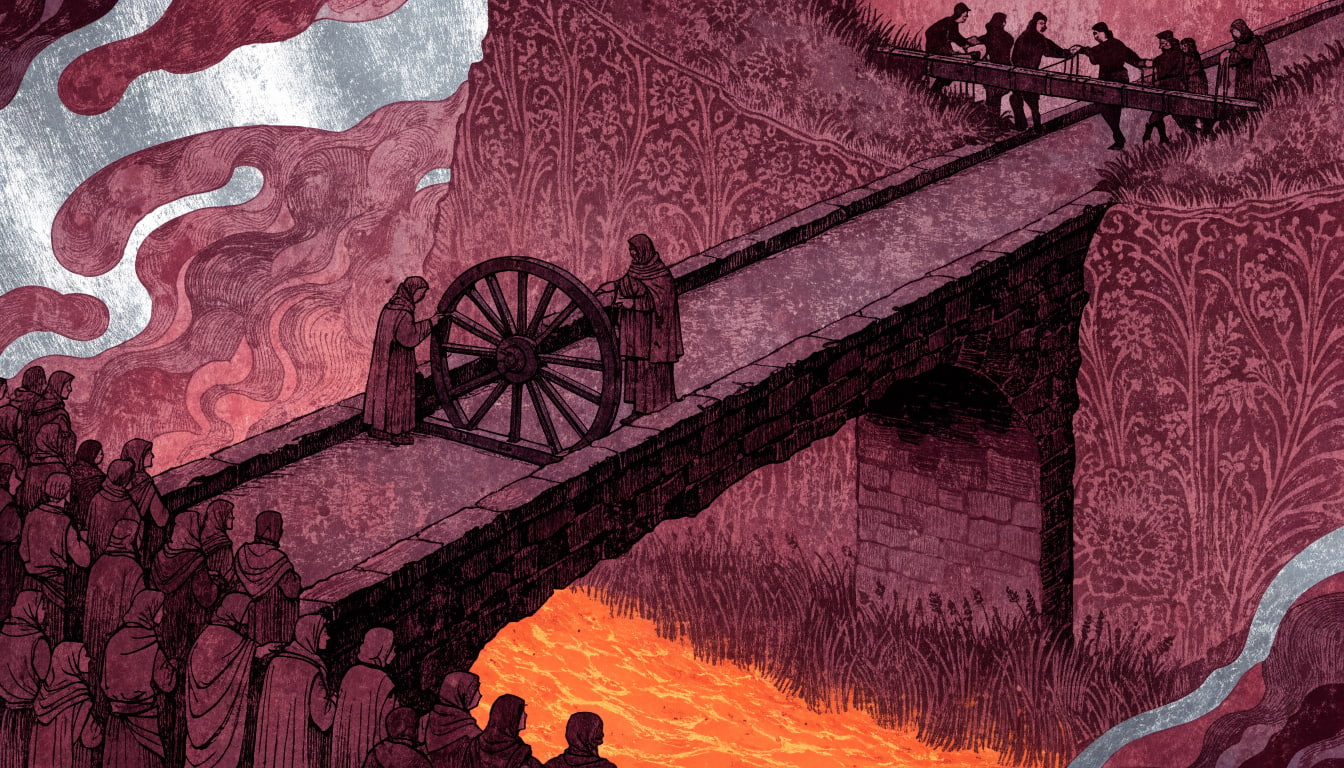 A narrow stone bridge spans a glowing chasm where a gatekeeper checks sealed writs, while early crossers build a second, wider bridge on the far side.