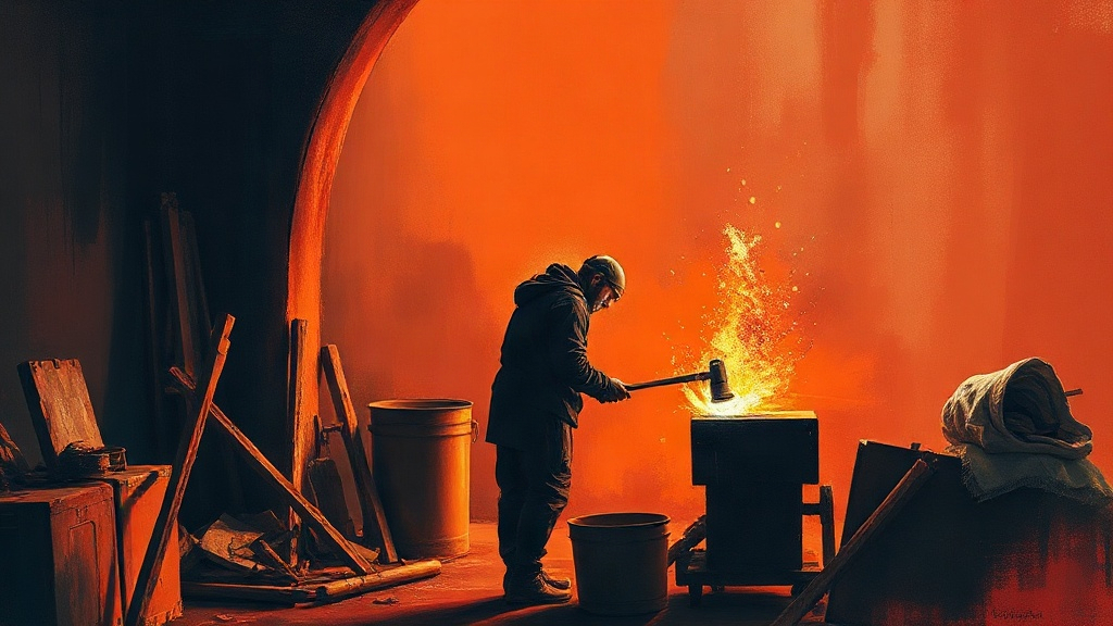 A blacksmith hammers a glowing, intricate cage made of twisting non-Euclidean shapes in a dim forge, with crystalline sparks flying.