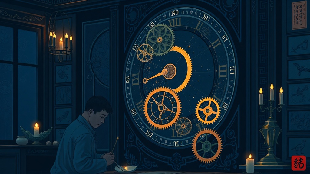 A master clockmaker in a candlelit study removes rusted gears labeled 'Anti-Amyloid Monotherapy' from an astronomical clock, while new gears labeled 'mTORC2-B1R Axis' and 'Telomerase Activity' wait on velvet.