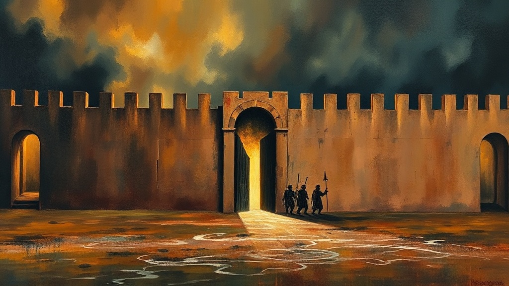 A dark walled city with a massive shut gate labeled 'Amyloid Clearance' and broken battering rams; a small open side gate labeled 'Microglial Reprogramming' glows with golden light.