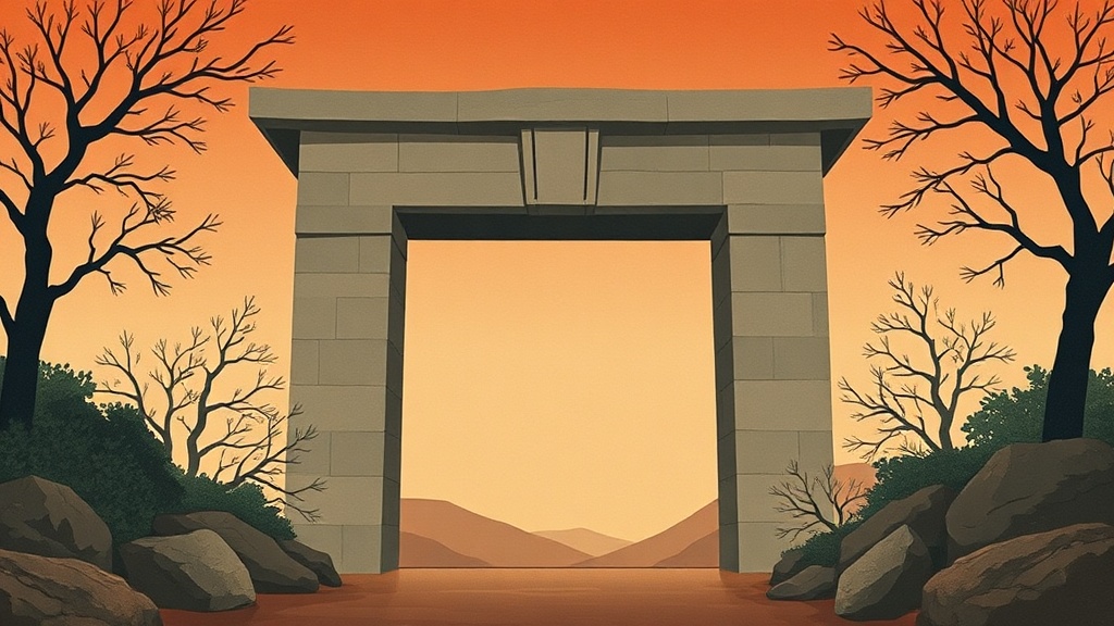 A massive stone archway over a narrow strait traps a single ship among jagged rocks. A dragon breathes fire on one side, while a serpent coils around a scroll reading 'export ban' under storm clouds.
