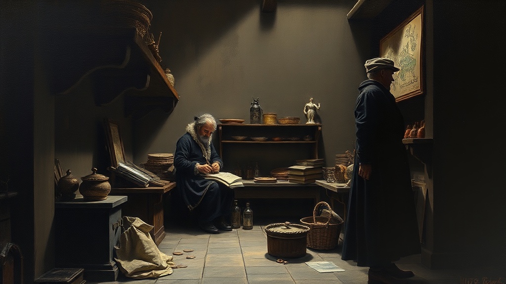 A merchant weighs a large copper ingot on a scale in a 19th-century port market. A rival pours clear liquid into the dirt, ignored by the crowd, while a broken ship lists in the harbor.
