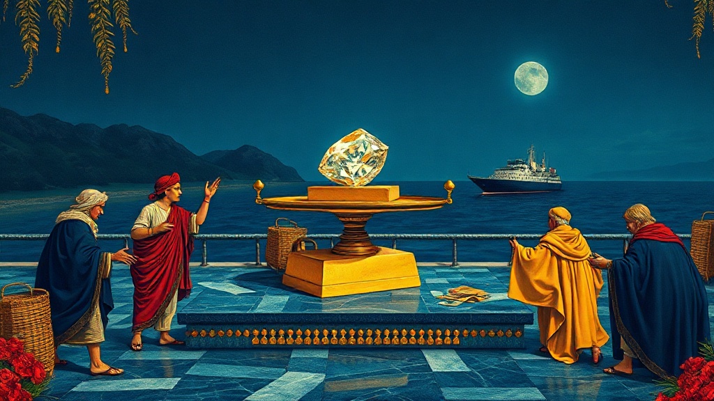 Three exhausted merchants in blue, red, and yellow gesture toward an empty harbor on a marble trading floor, while a calm local consortium sits atop a pile of gold bars balancing scales with a contract and a fist-sized diamond.