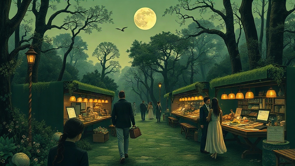 A merchant weighs gold at a crossroads stall as two caravans approach from opposite directions, while anxious onlookers watch.