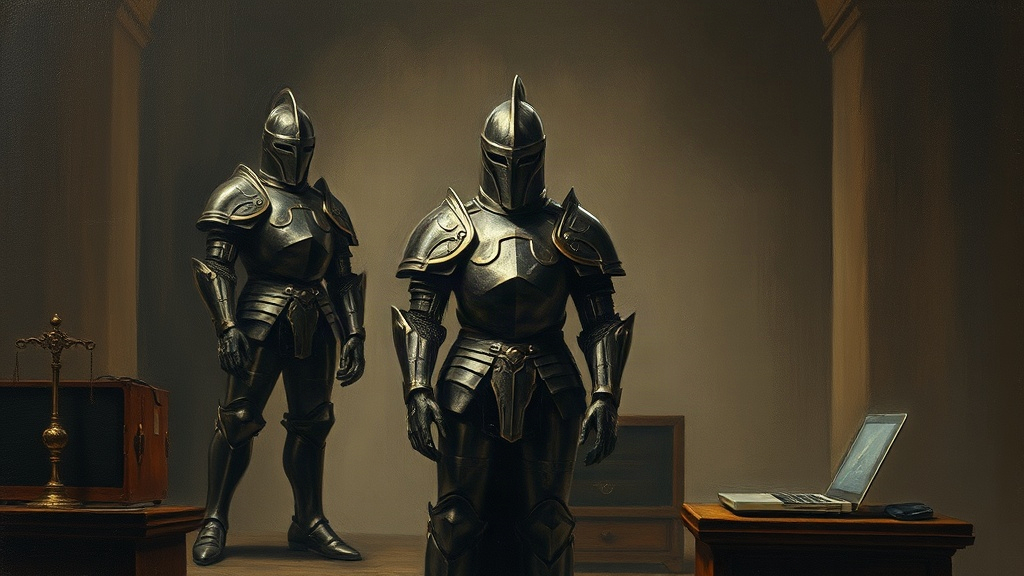 Three armored sentinels stand guard while thieves behind them silently pick the locks on the back plates of their armor.