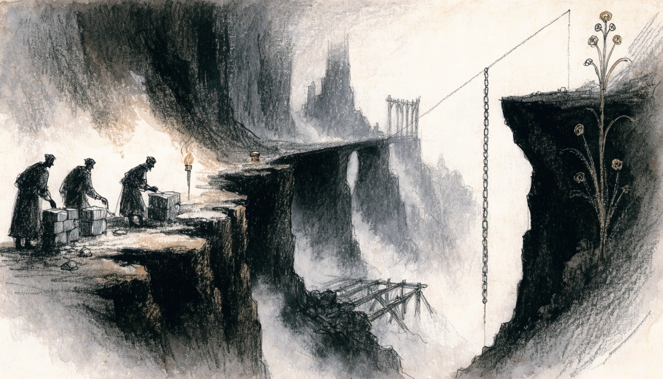 Masons lay stone courses on one bank of a gorge while a surveyor's chain and plumb line measure the gap, a collapsed earlier bridge wrecked in the mist below.