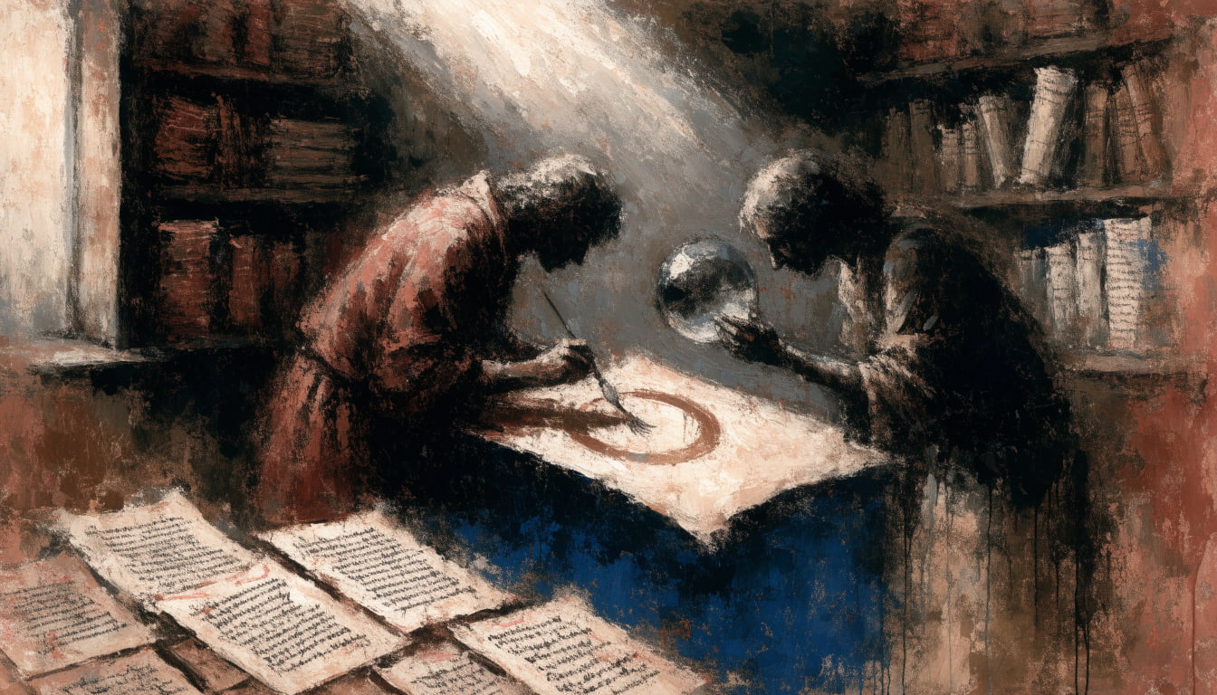 A scribe paints a single letter on vellum with a fine brush while an assistant holds a rock-crystal magnifying lens over the page, rejected sheets stacked nearby.