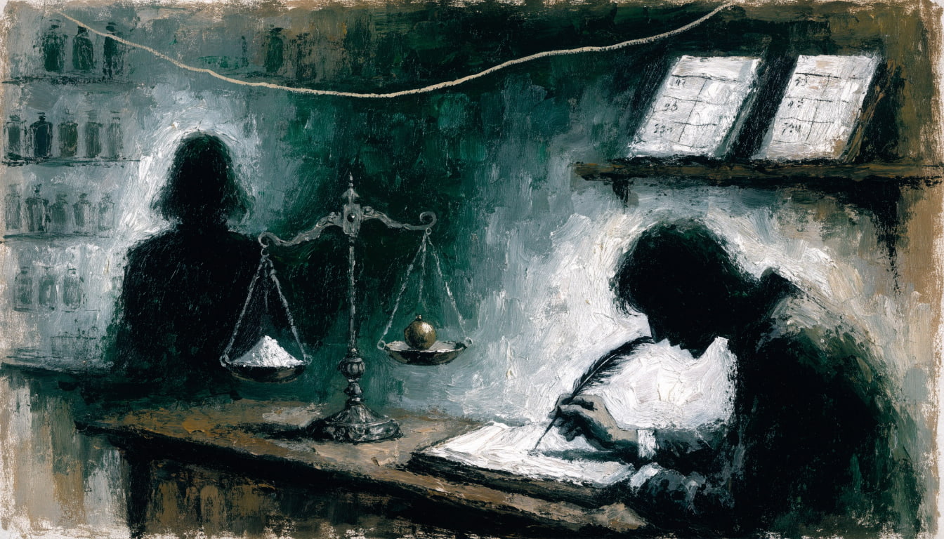 A clerk records a single grain of powder on an apothecary's scale beside a brass weight, while two shelf ledgers show conflicting numbers for the same entry.