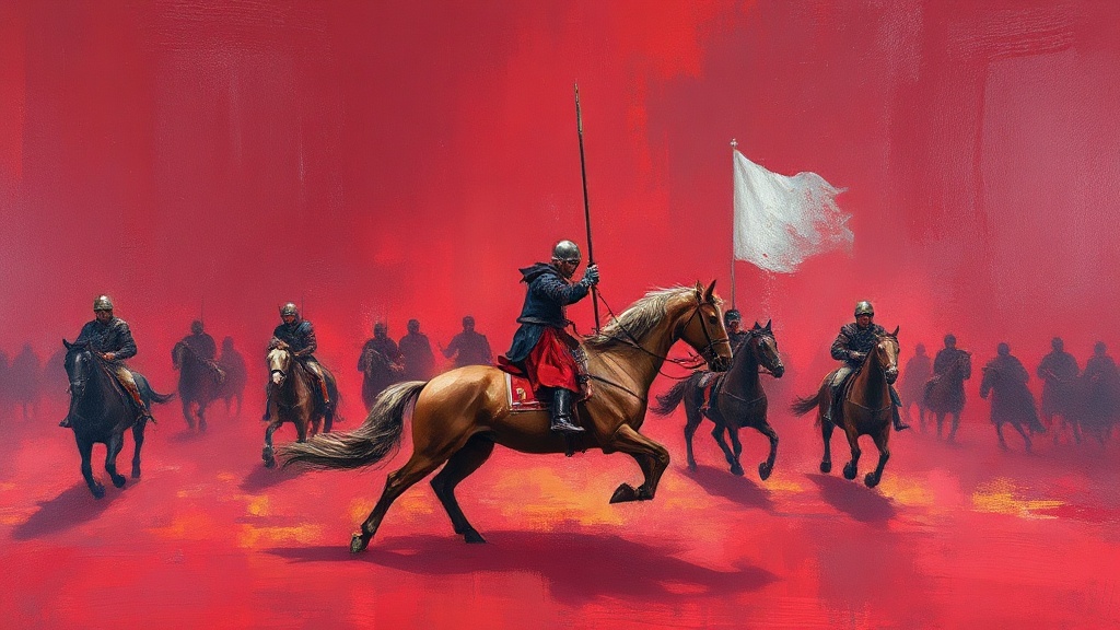 Two knights jousting in a dusty arena, one with polished new armor and a slightly longer lance, representing synthetic cell competition.