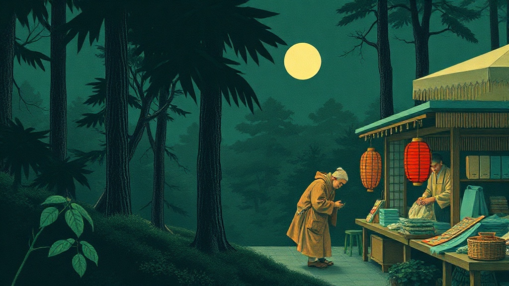 A merchant at a crowded bazaar weighs a small glowing pearl on a brass scale as other merchants watch intently.