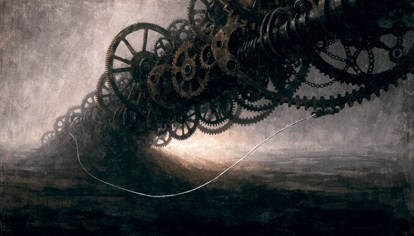 A complex clockwork mechanism of brass and iron being delicately manipulated by a single, fine silver thread from above.