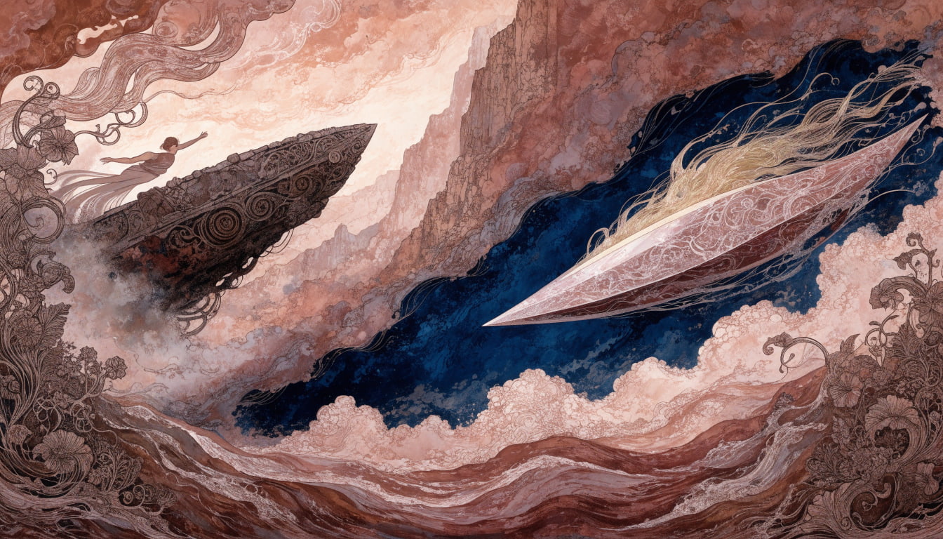 A turbulent digital sea where traditional stone ships are rapidly being overtaken by sleek, fast, crystalline vessels.