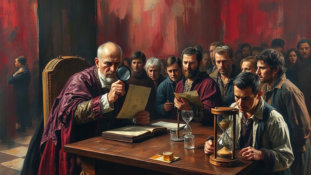 A stern underwriter in a medieval insurance market inspects a metal seal on a document with a magnifying glass. Nervous merchants wait in line, some holding unsealed papers, as an hourglass nears empty.