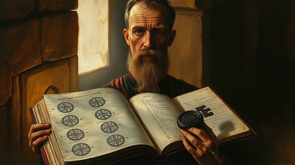 A lone scribe in a vaulted chamber holds a wax seal stamp over a ledger filled with interlocking geometric patterns. A heavy iron key hangs from the scribe's belt, lit by a single beam of light.