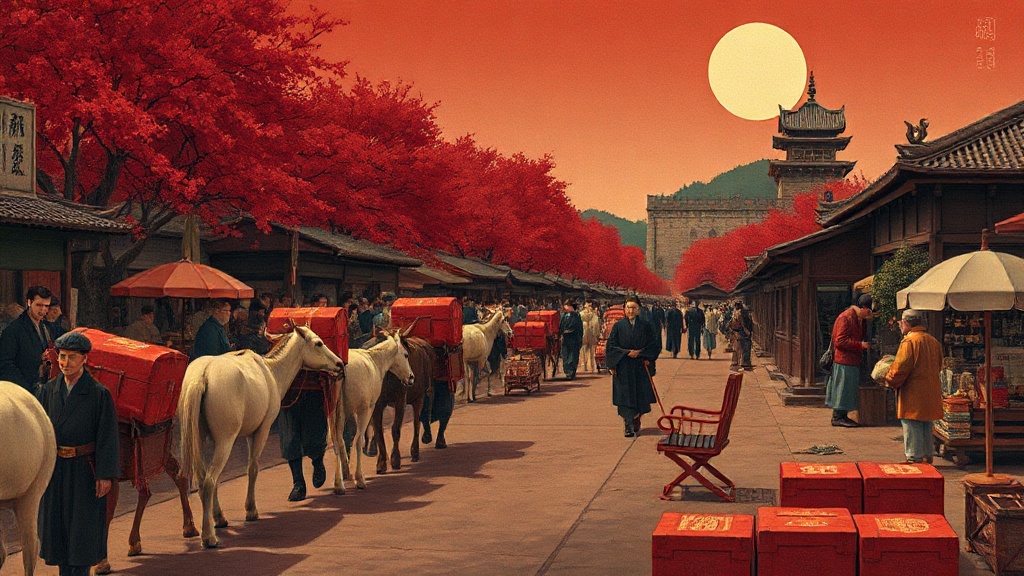 A caravan of pack animals bearing corporate chests turns onto a stone highway toward a fortress-treasury, while a lone moneychanger's stall sits empty at the crossroads.