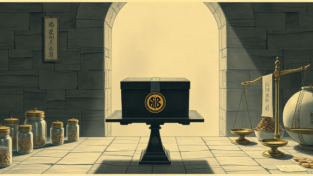 A balanced apothecary scale holds a sealed iron bank box on one side; on the other, a cluttered merchant table with open coin jars and tilted brass scales.