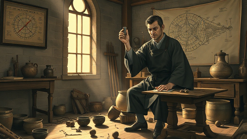 A weary alchemist in a stained apron holds a perfect silver ingot in sunlight, surrounded by broken crucibles and failed experiments.