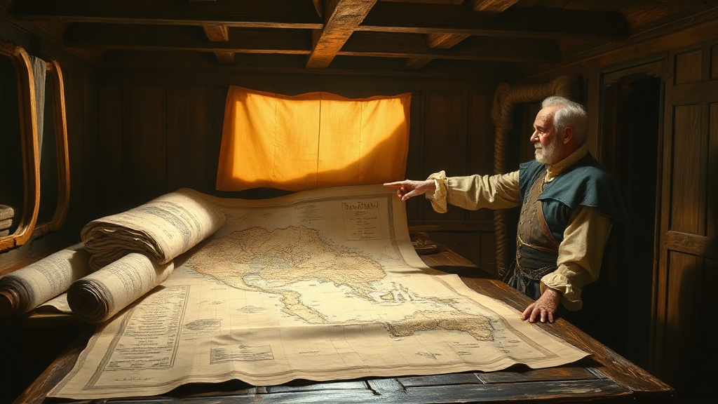 A captain and cartographer study a new map showing two equal trade routes to a fabled city, ending a previous monopoly.