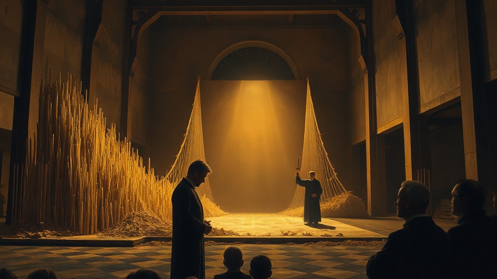 Two rival guilds present bridge plans in a torchlit hall: one shows a fragile glass-rod model, the other a single balanced iron key, captivating shadowed judges.