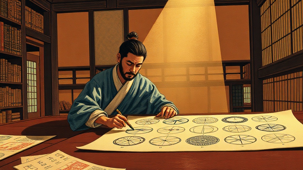 A medieval scribe uses a compass and straightedge to draw geometric proofs on vellum in a monastery library, surrounded by nine labeled patterns in golden light.