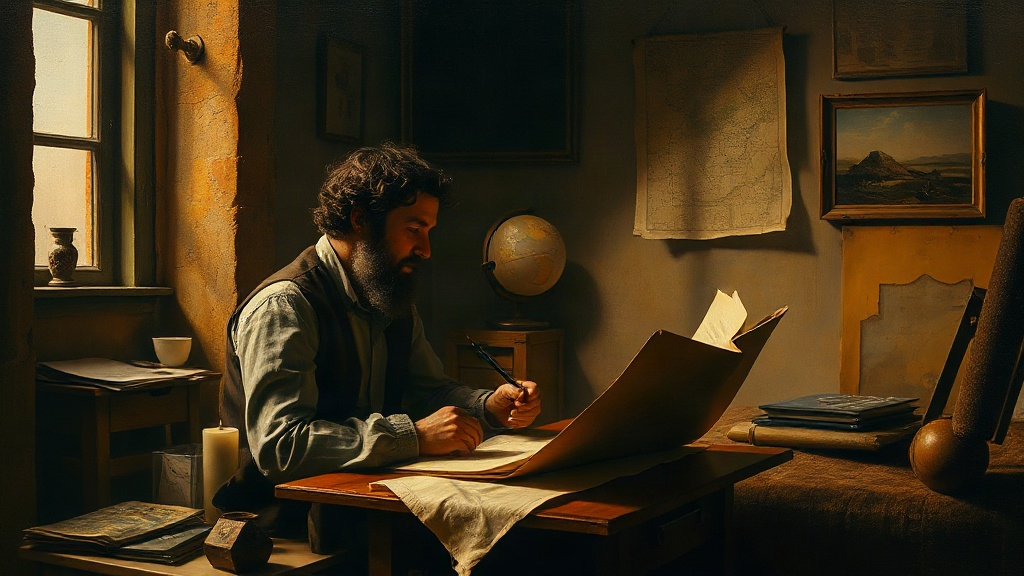 A cartographer in a lamplit study draws a bold straight line across a crystalline continent map, bypassing crossed-out dead-end paths.