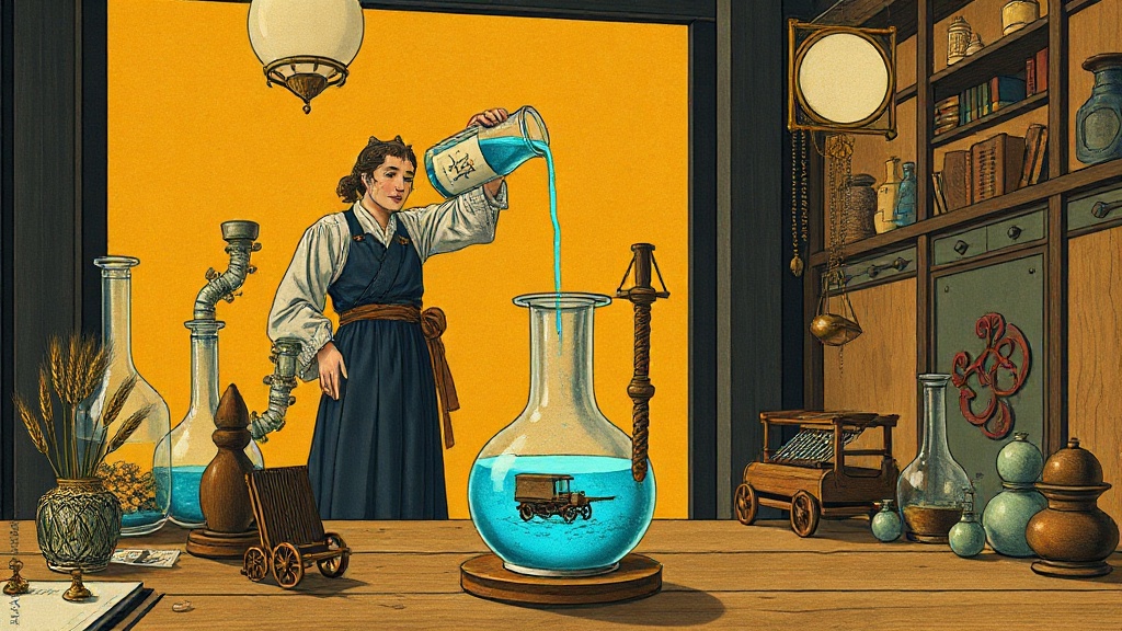 An alchemist pours glowing blue liquid from a flask labeled with a wheat sheaf into interconnected glass vessels, but the liquid fails to reach cracked, dark vessels containing a mine, loom, and cart.