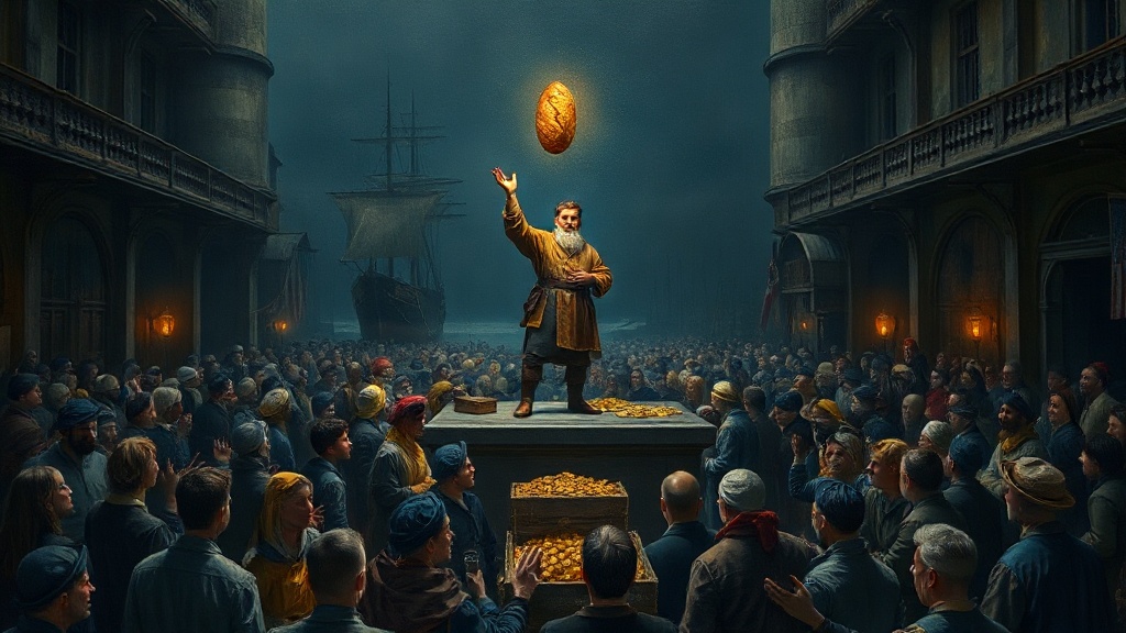 In a chaotic Renaissance marketplace, a merchant holds a single glowing loaf of bread aloft, ignoring overflowing chests of gold offered by desperate nobles and merchants below.