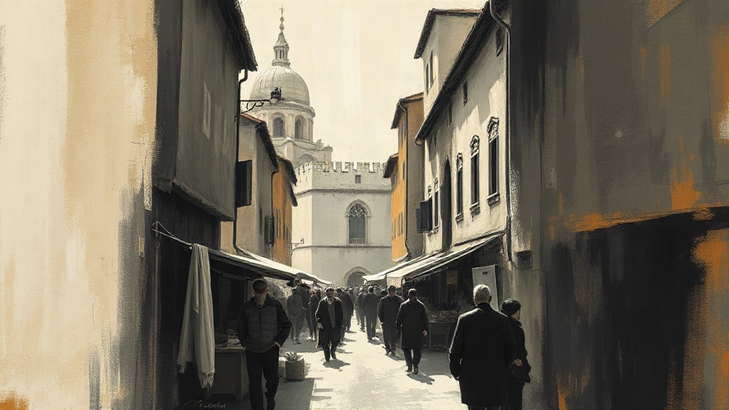 A crowded medieval marketplace where merchants weigh gold coins and examine cloth, with a stone bridge under construction.