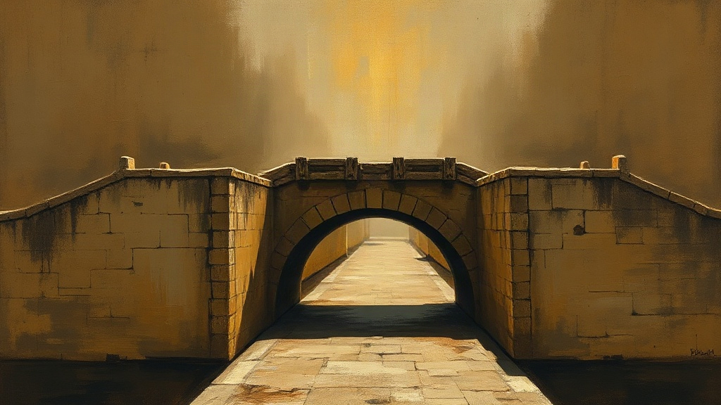 A gatekeeper weighs a coin at a medieval toll bridge while travelers in identical grey cloaks cross a submerged causeway unnoticed.