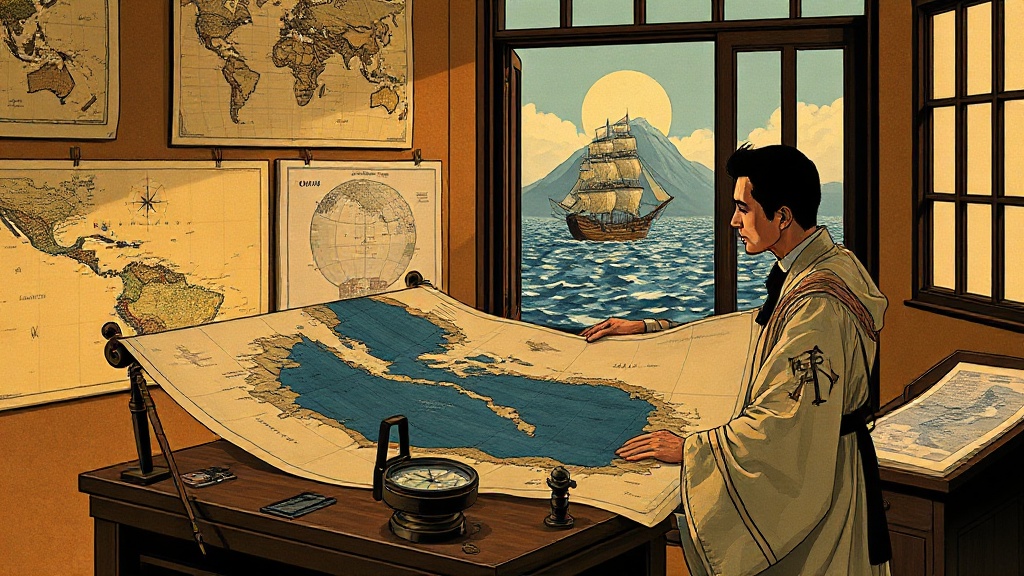 A Renaissance cartographer unrolls a new map with sharp coastal lines, older blurred maps behind, a compass and chronometer on the desk, and ships visible through a window ready to sail.