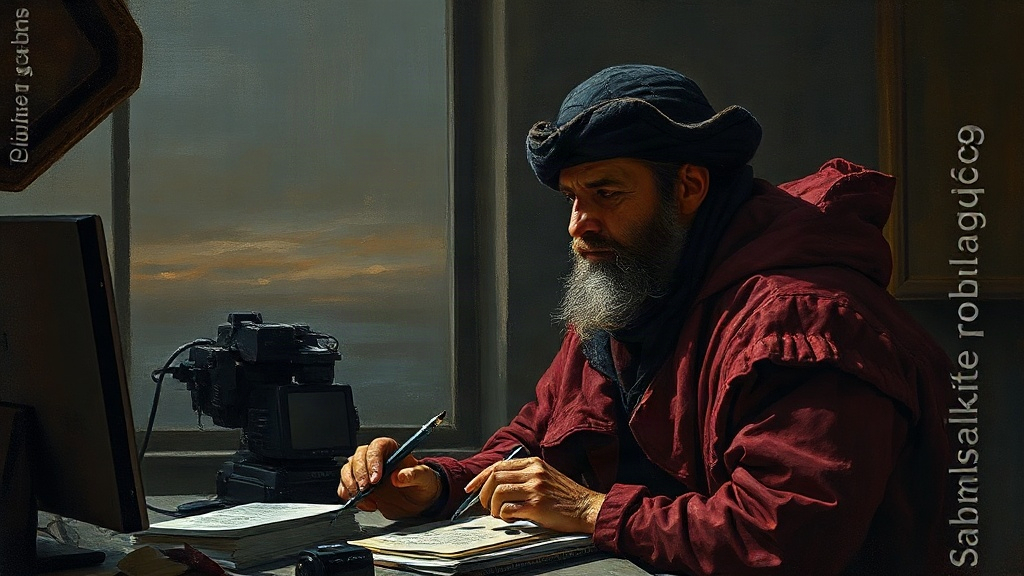 A merchant at a barren crossroads weighs gold coins against a vial of dark water, with a carved stone map of hidden caves and rivers behind him.