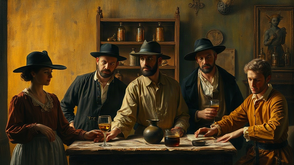 Alchemists combine glowing colored liquids in a complex glass apparatus, their focused faces lit by the luminous mixture they are creating.