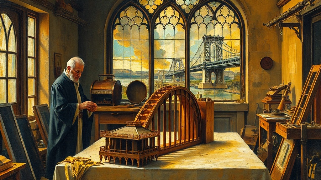 An apprentice in a Renaissance workshop dismantles copper joints and pegs from a heavy wooden bridge model as a stained-glass window shows a bridge built upward in thin stone layers.
