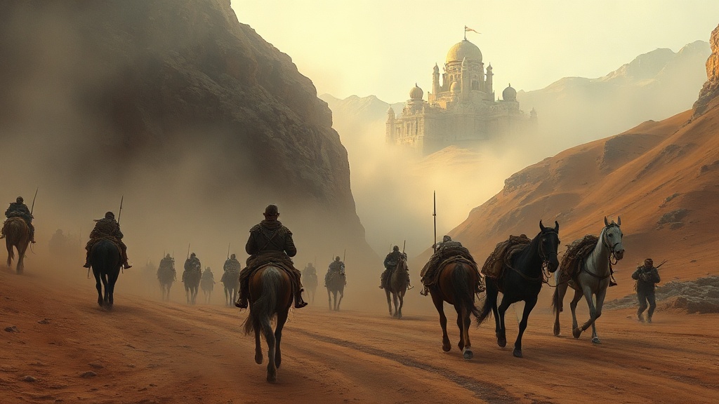 A swift caravan of riderless horses carrying silicon tablets overtakes a slow train of beasts laden with copper ingots on a misty pass toward a citadel with vertically stacked towers.