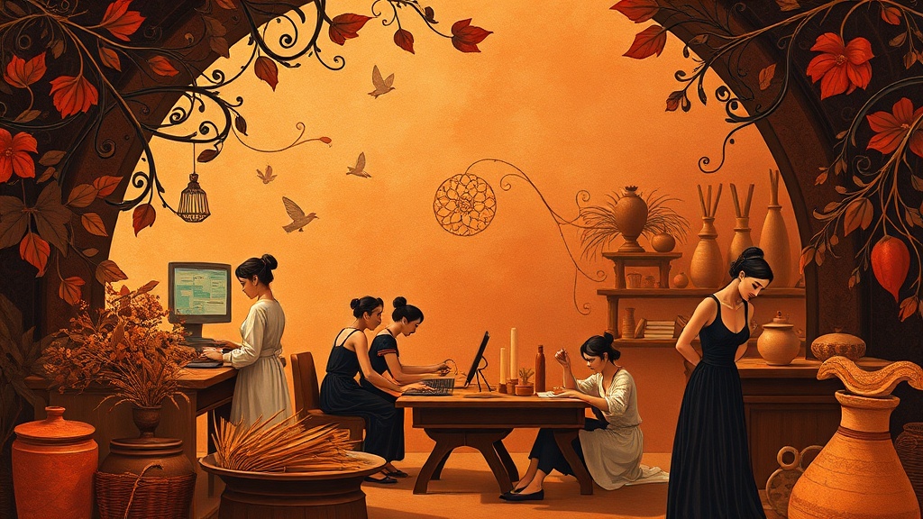 Artisans in a sunlit workshop assemble a complex mechanical clock, one holding a tiny gear, another adjusting a spring, with blueprints and a city skyline visible.