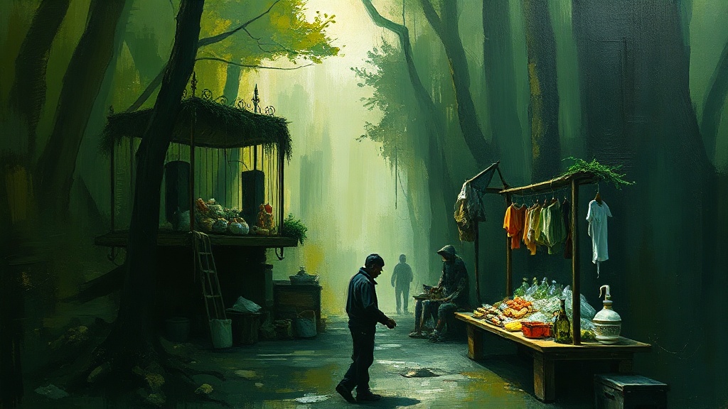 A merchant at a crowded crossroads weighs a pile of gold coins against a single small unlit candle, surrounded by onlookers who ignore the candle.