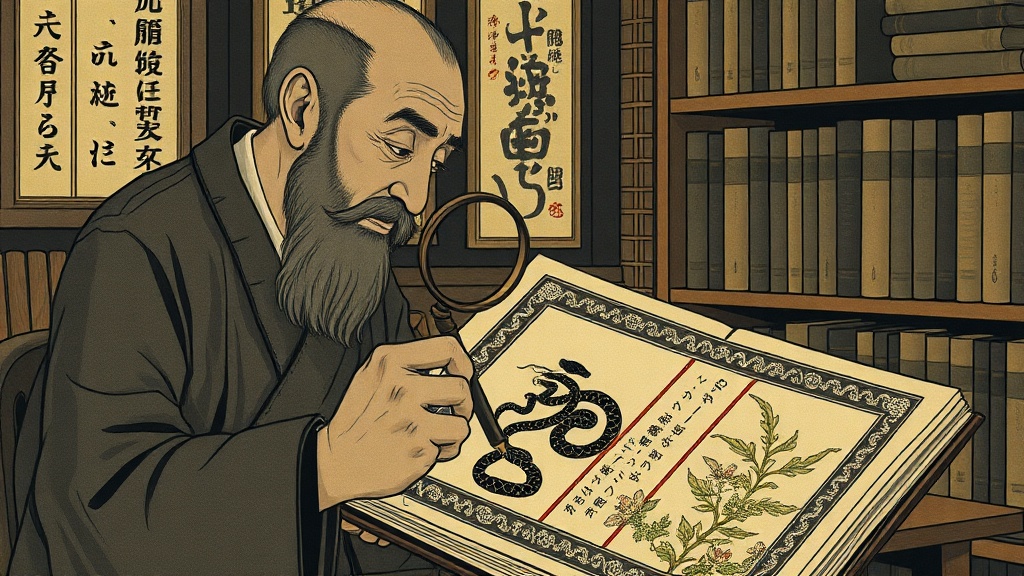 A scribe using a magnifying glass to examine an illuminated manuscript, unaware of a small venomous serpent coiled around a letter within the decorative border.