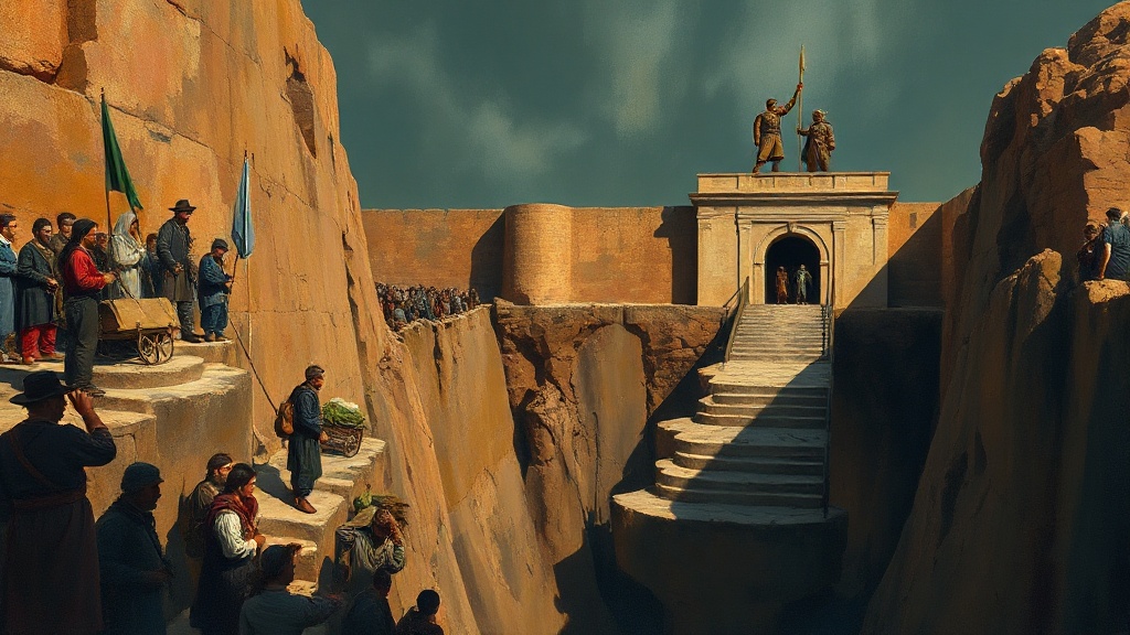 A cracked ancient stone bridge over a deep chasm, with a despairing crowd on one side and a narrow iron drawbridge under construction by armored engineers leading to a fortified gate on the other.