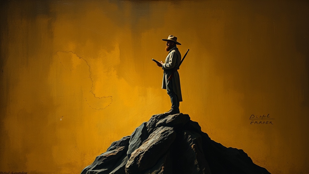 A cartographer with a compass stands on a cliff overlooking a stormy coastline, with a ship and a raven nearby.